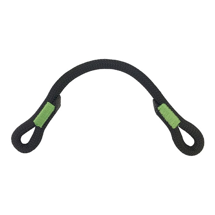 Treewor retaining bar, a single black loop with green stitching, the largest of the individual loops