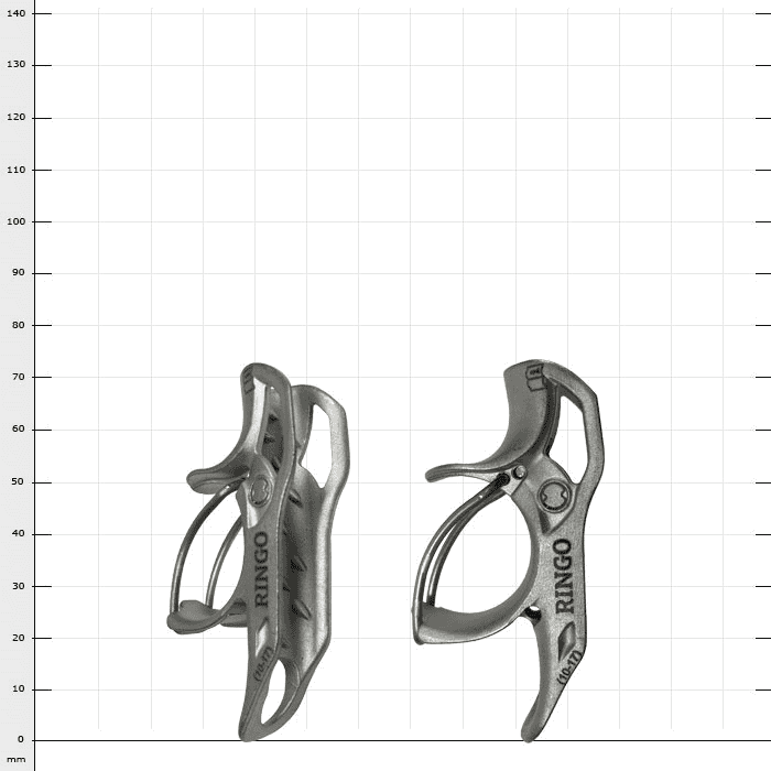 Two silver metal parts with the inscription "RINGO" from different perspectives, one with bracket and hole, the other elongated with holes