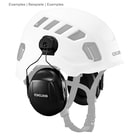 Edelrid Ear Muffs in black, mounted on a white safety helmet with black chin strap, side view