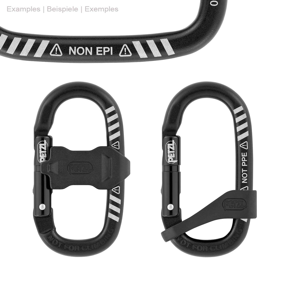 Two black Petzl Mino Captiv carabiners side by side, one with safety clasp and safety, the other with twist lock and safety