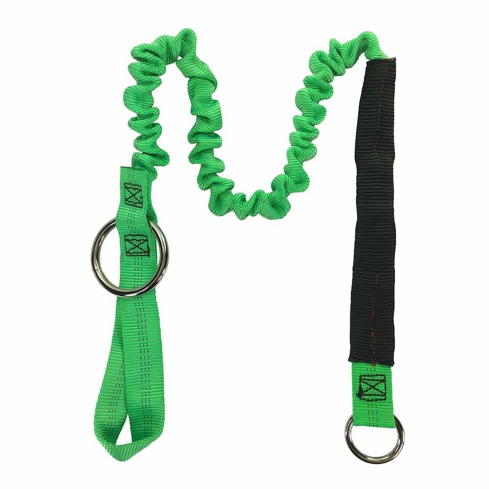Strop 50, green elastic band with two metal rings, one end with black reinforcement