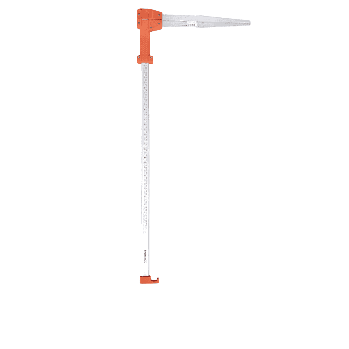 Signumat MK4, measuring device with long, silver-coloured scale and orange plastic bracket at the top and bottom, manufacturer's name Signumat visible on the scale, with barcode sticker on the upper orange bracket