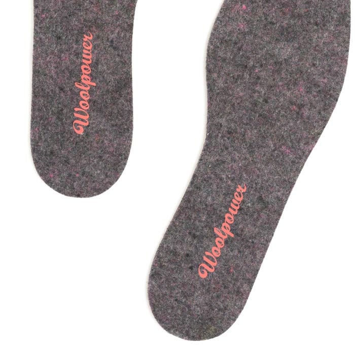 Felt Insoles by Woolpower, grey felt inlays with pink Woolpower lettering on a white background
