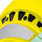 Close-up of the vents and reflective white sticker on the yellow Petzl Vertex Vent Hi-Viz helmet