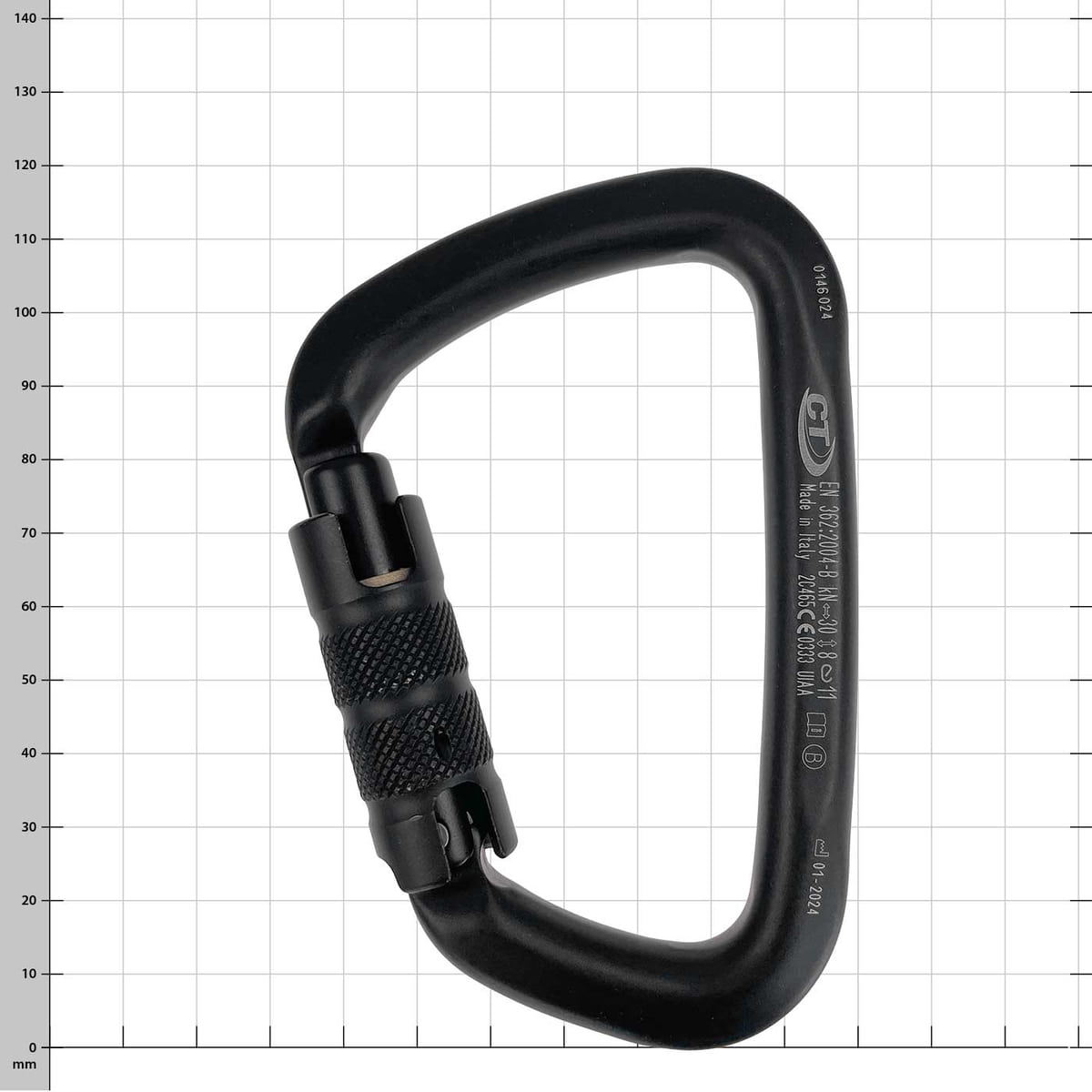 Marmolada Big D carabiner in black with screw lock, front view with visible technical data
