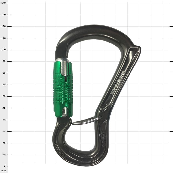 Ceros Locksafe carabiner with green screw cap and black metal body, closed