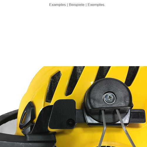 Close-up of the attachment mechanism of the ECC clear visor on a yellow helmet with black vents and black fastener