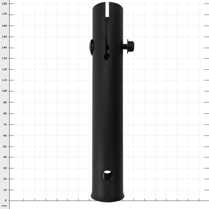 ArboRapid top-mounted tube from Berger, black cylindrical tube with screw and openings, against a white background with grid dimensions
