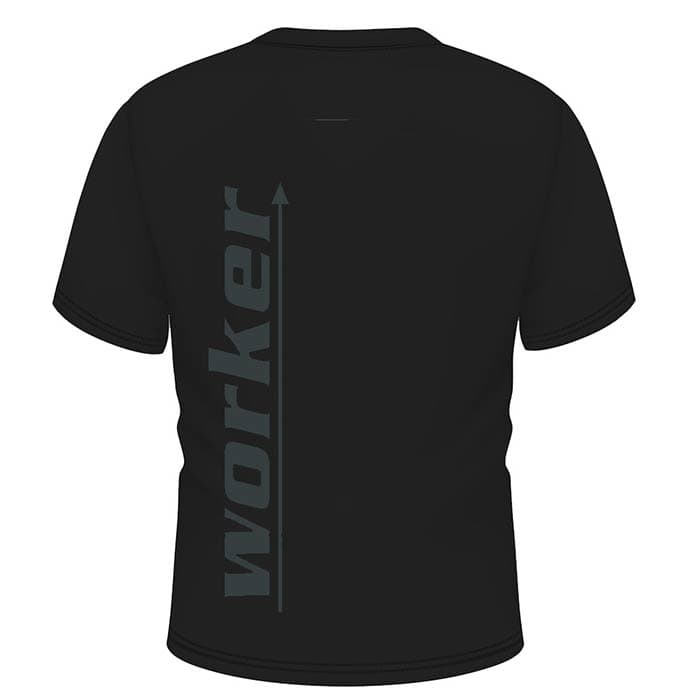 Black T-shirt with grey vertical lettering "worker" on the back, product name Tree Frog