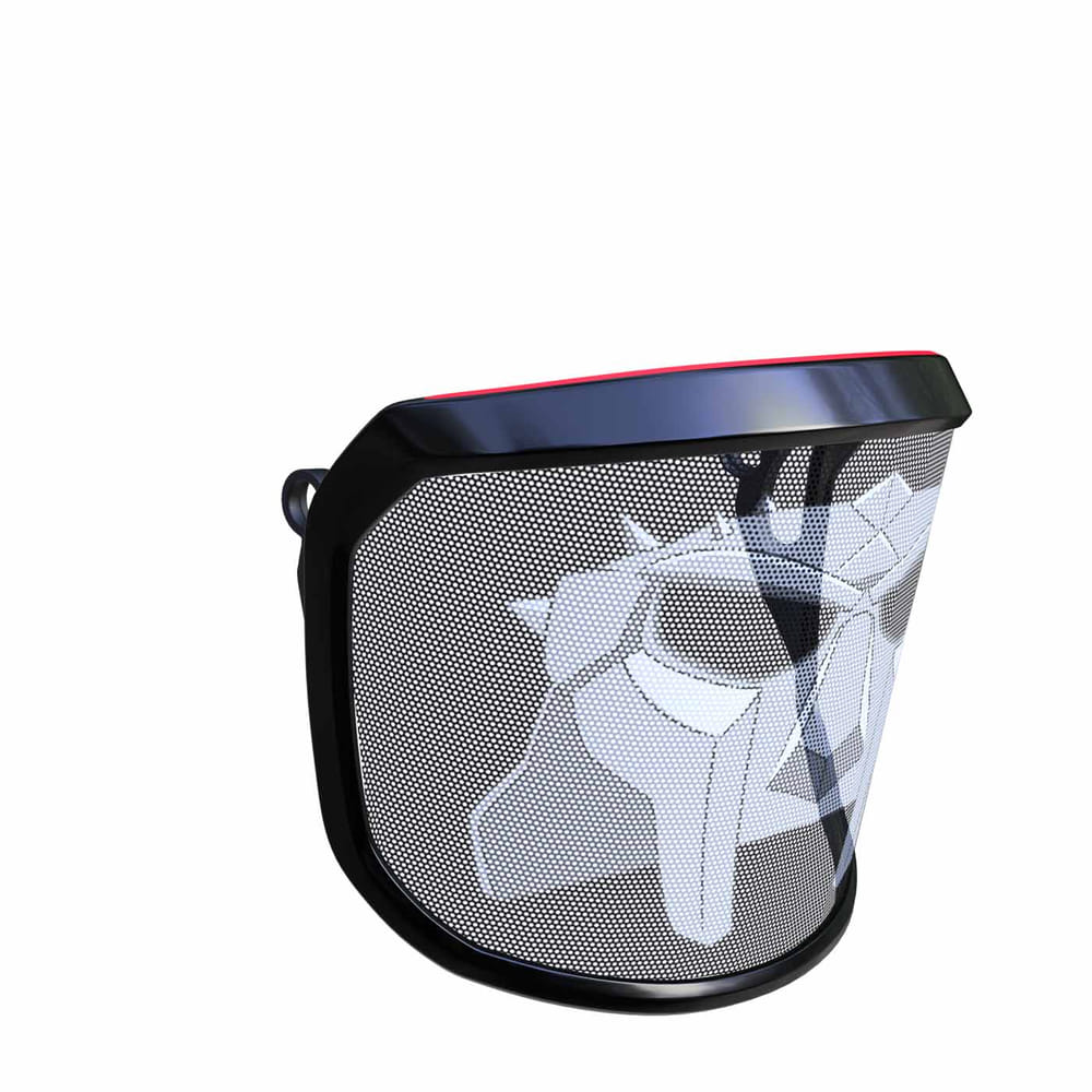 PROTOS® Visor Special Edition, black protective visor with white, stylized face motif and red border at the top, side view from the right