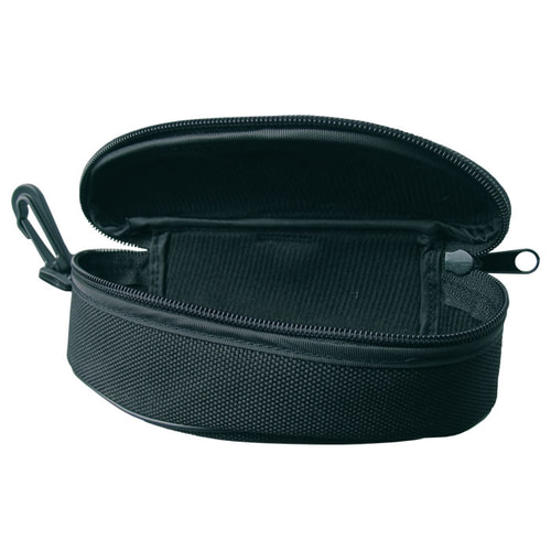 Glasses case Peltor, open black semi-circular case with zipper and snap hook, inner lining visible