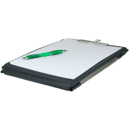 Weather Writer A4, flat black clipboard desk pad with a green pen and white sheets on it, photographed from the front