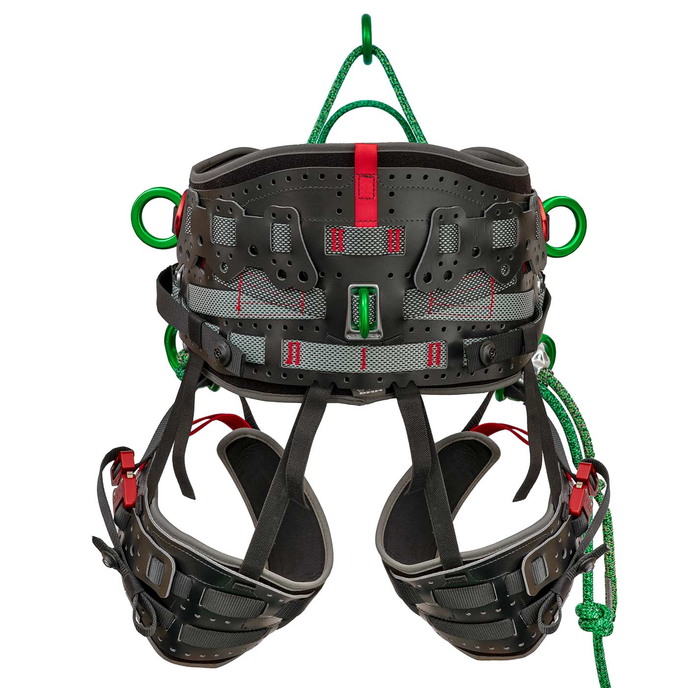 Kinisi Max seat belt rear view with black and grey pads, green metal rings and red details