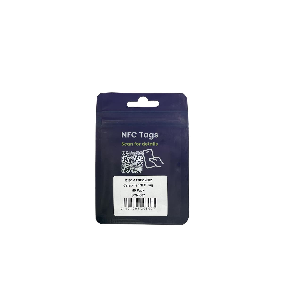 Hardware NFC tag from Scannable, back of the black packaging with the inscription "NFC Tags" and barcode