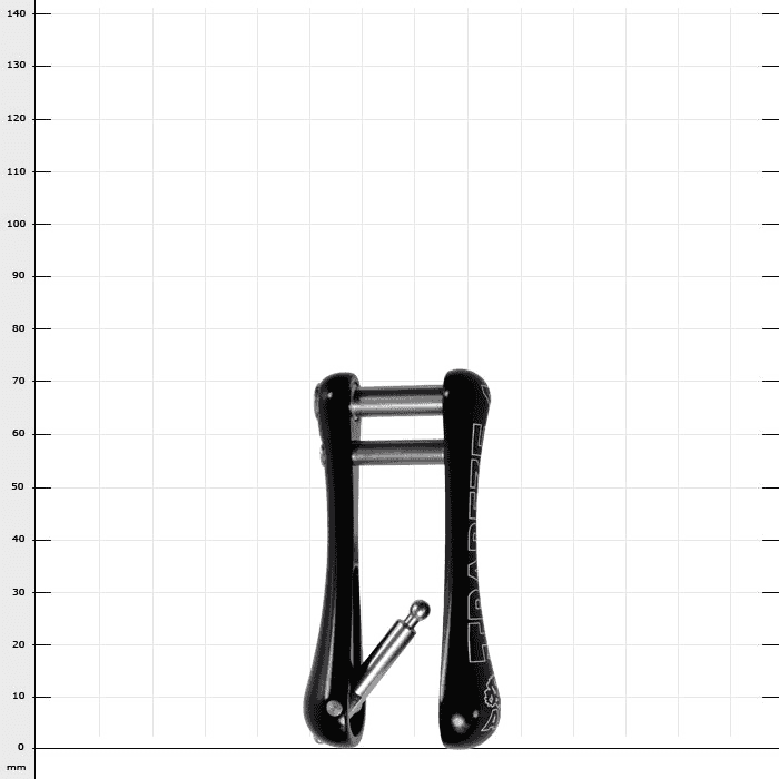 Trapeze 5, black metal part with two parallel arms and a pin attached to the side, on a white background