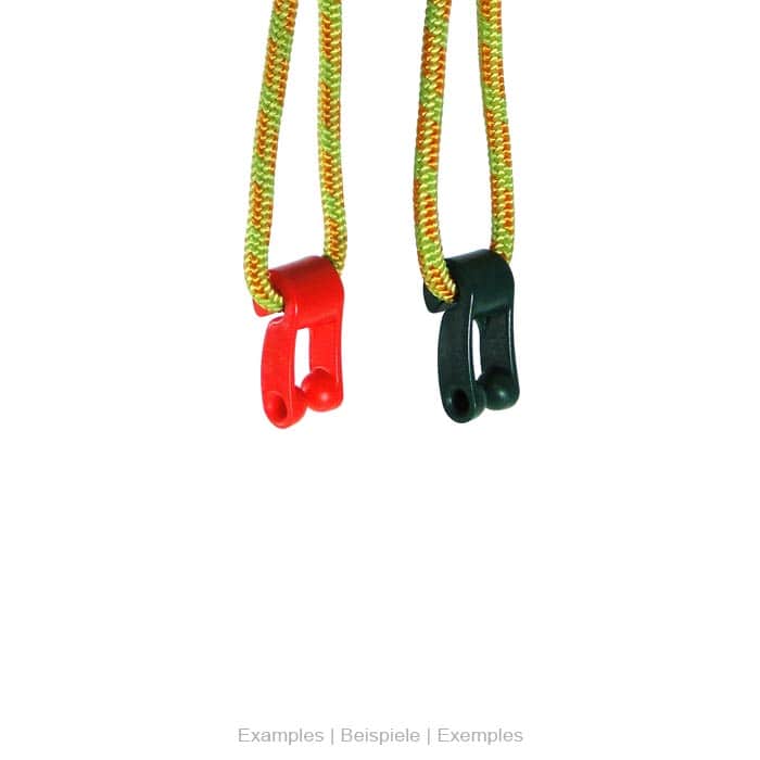 Fast Hook 3-pack with a red and a green color hook, each hanging from yellow ropes