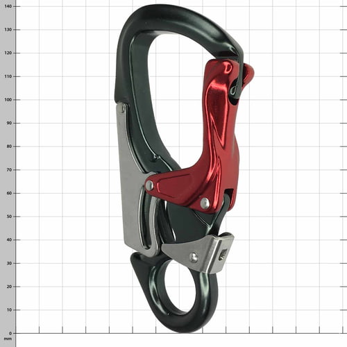 Triglav snap hook with black and red metal, oblique view, shows the back with metal plates and screws