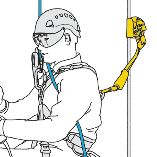 Drawing of a climber wearing a helmet and goggles secured to a rope with a yellow belay device attached to the wall and connected to the climber with a yellow connector