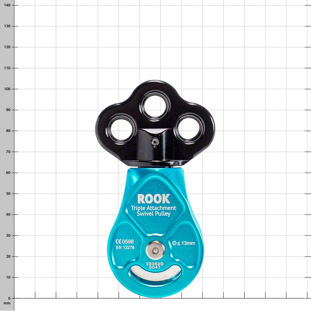 Rook Triple Attachment Swivel Pulley blue pulley with black upper part and three mounting holes, inscription ROOK and technical specifications on the front