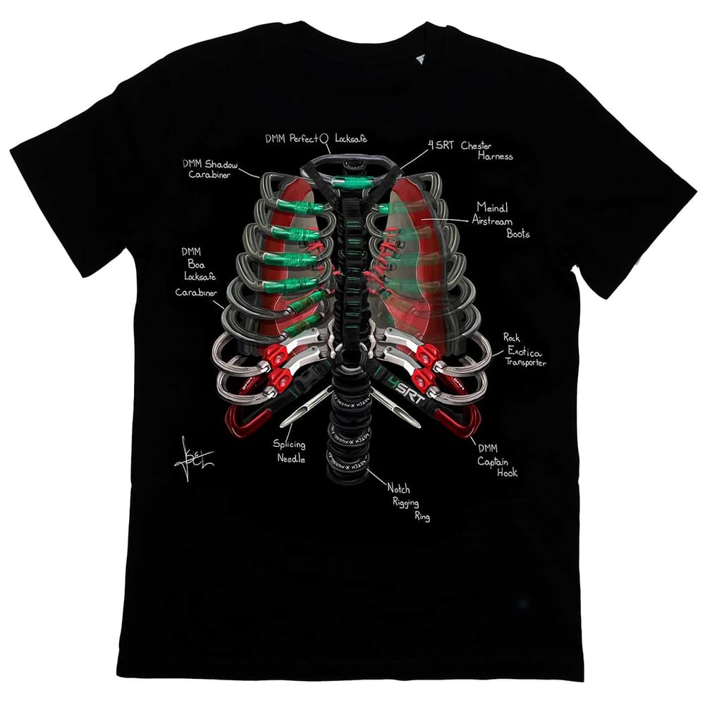 Black t-shirt with a printed design showing a rib cage pattern from climbing equipment, product name Arb Ribs