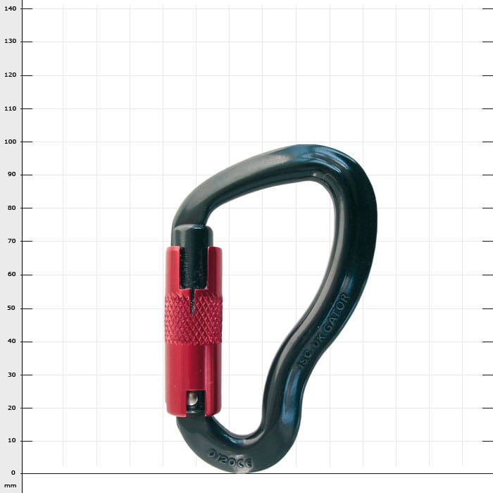 Black carabiner with red screw cap, product name Gator visible