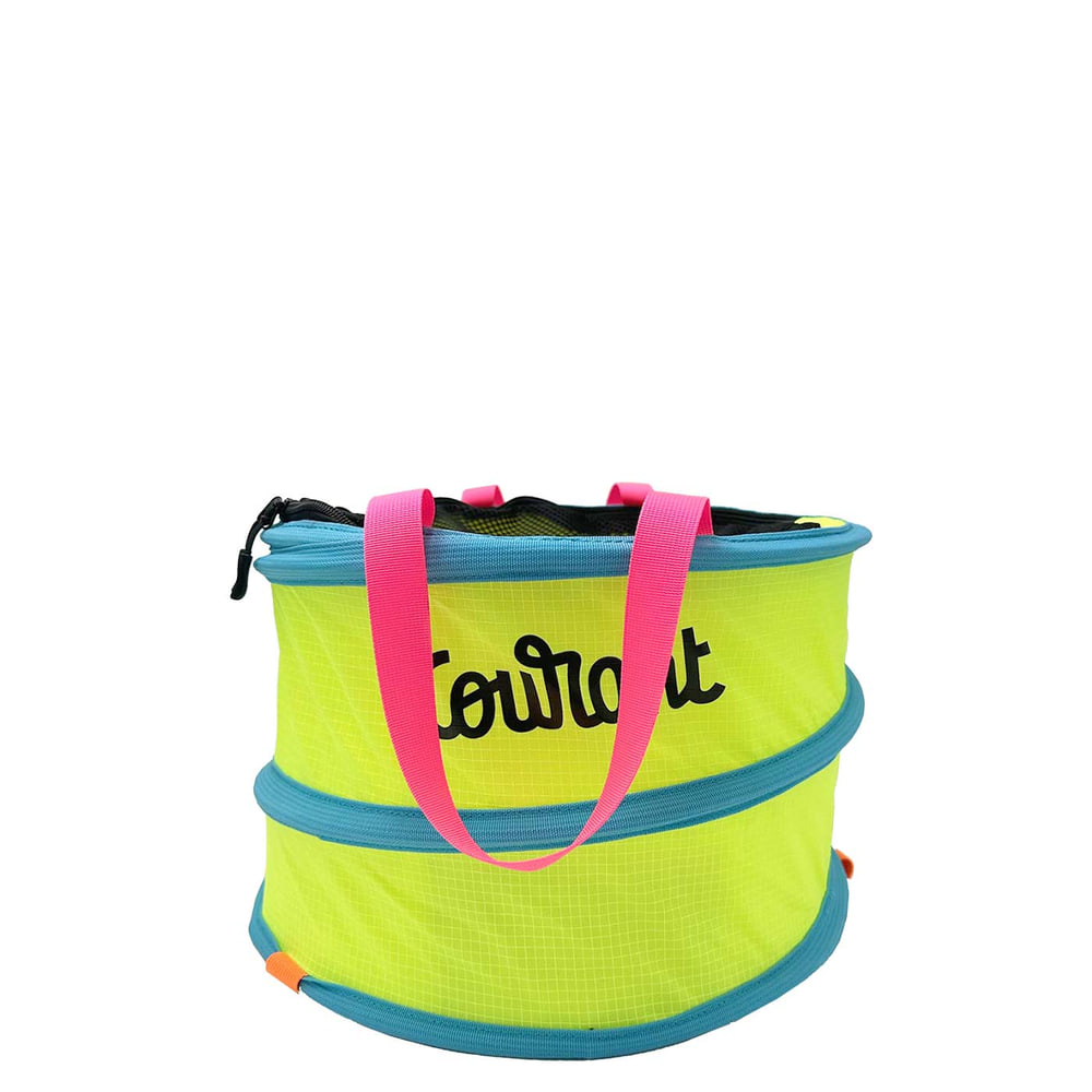 Pelican S Bag in Bright Yellow with Blue Borders and Pink Handles
