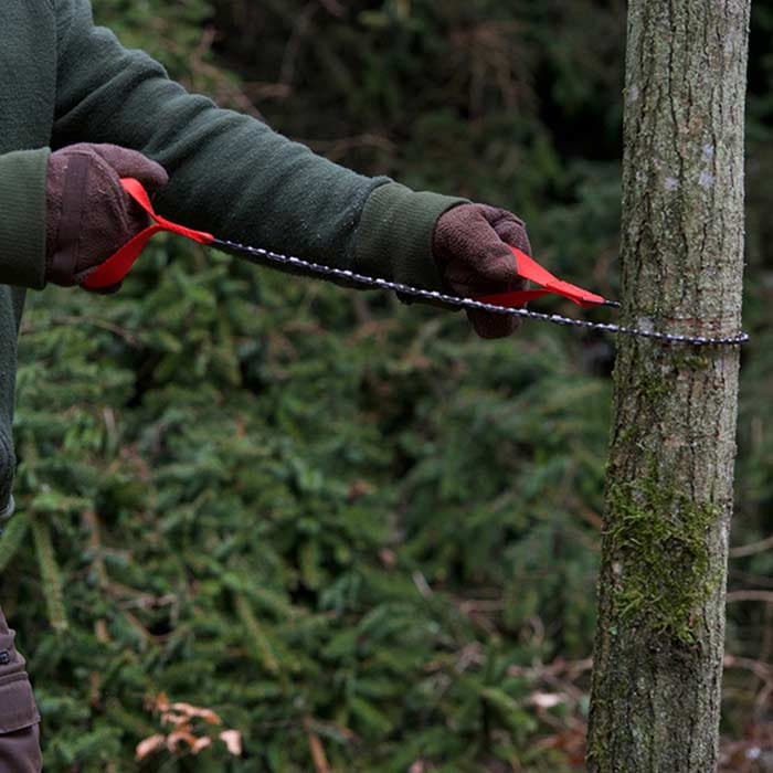 Person in green jacket and gloves holding the Nordic Pocket Saw with red loops stretched around a tree trunk