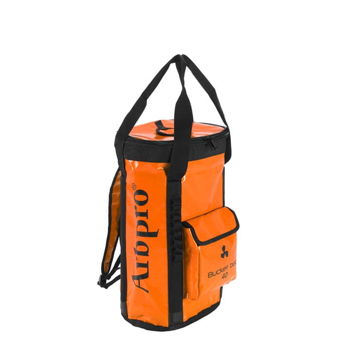 Orange Bucket Backpack 40 by Airpro with black zipper, carrying handles and front pocket with flap