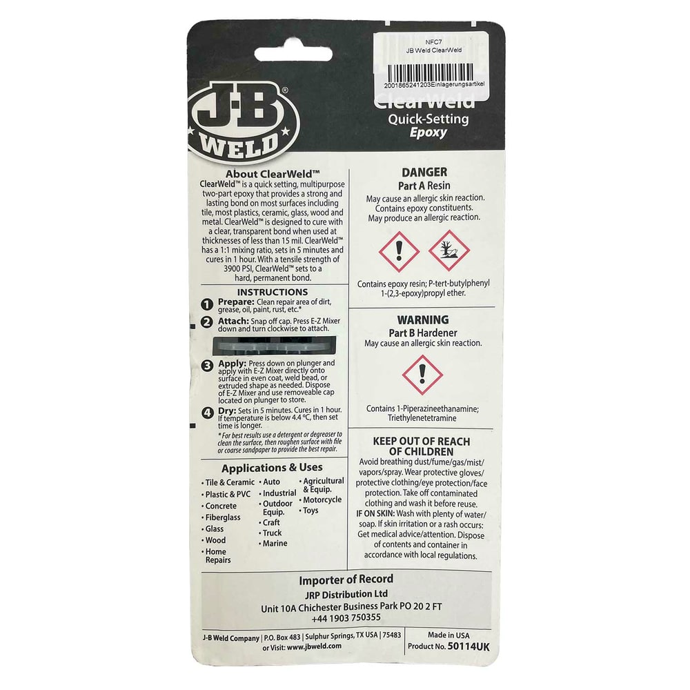 Back of JB Weld ClearWeld Quick-Setting Epoxy packaging with detailed instructions, warnings, hazard pictograms and areas of application, all in black and white design with manufacturer and importer information