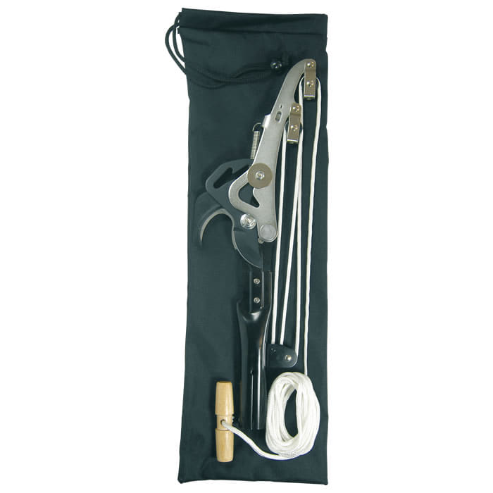 Sintung Pruning Shears with Black Handle, Metal Mechanism, White Cord and Wooden Handle, Lying on Black Cloth Bag
