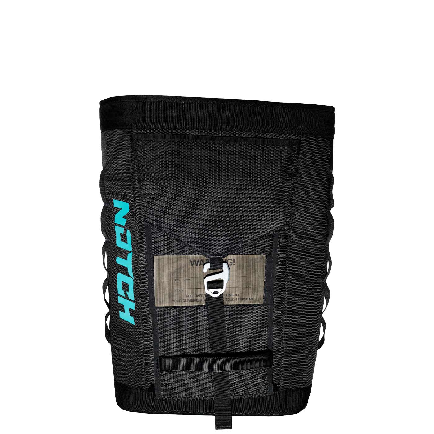Black approach bag with turquoise NOTCH logo on the side, front flap with buckle and transparent warning