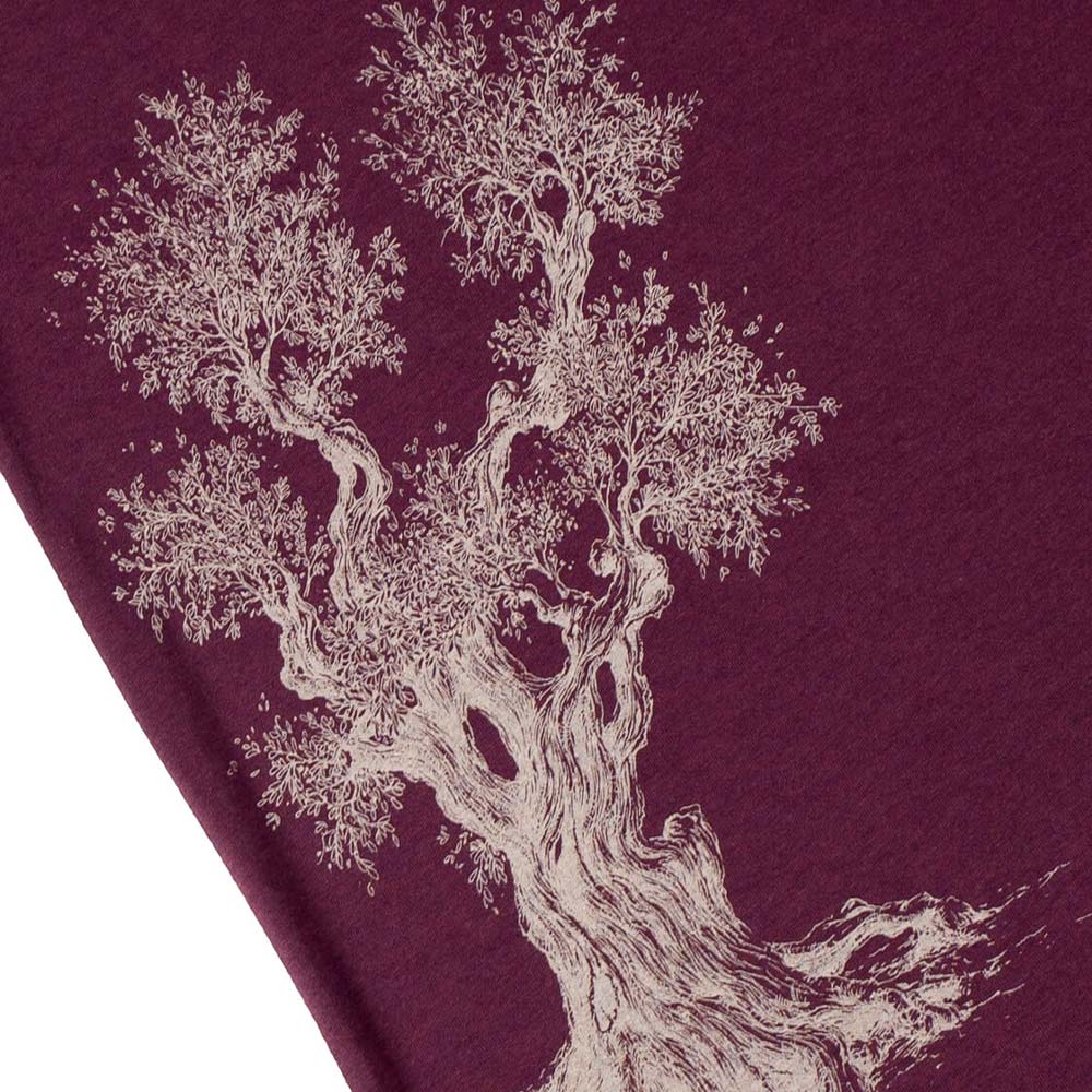 Close-up of white tree print on the purple Olive Tree T-shirt, product name Olive Tree T-Shirt