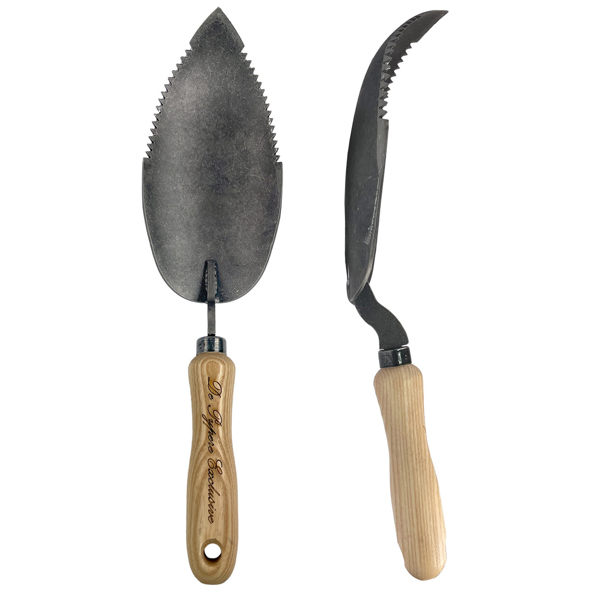 Root Ranger Garden Shovel with Serrated Metal Blade and Wooden Handle with De Hyppee Exclusive Lettering, Front and Side View