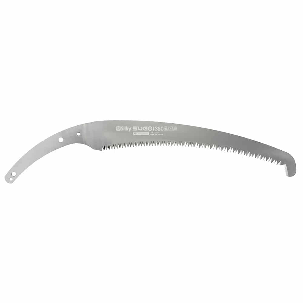 Sugoi 360-6.5-5.5 saw blade from Silky, curved metal saw blade with serrated edge and several mounting holes at the end of the handle