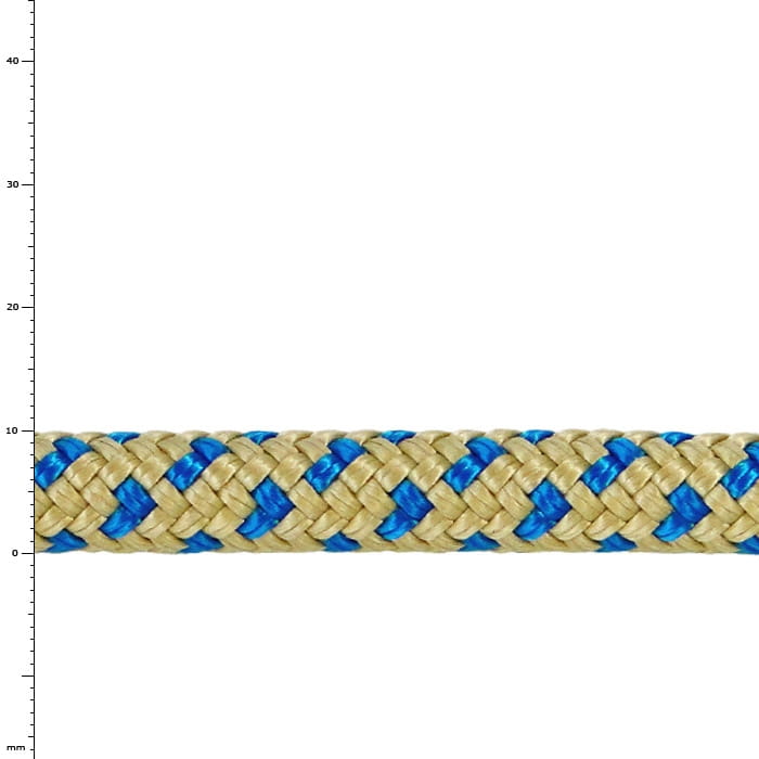 Bee-Line Sling 10, Close-up of Beige and Blue Braided Rope with Pattern and Measurement Scale in Background