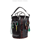 ropeBUCKET 50 black bucket with grey rope handles, red stitching and various carabiners as well as climbing equipment on the outside