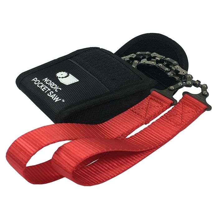 Nordic Pocket Saw with black pocket and red loops, the chain is partially visible