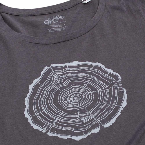 Close-up of a gray Treeslice Women T-shirt with white tree trunk cut design on the front and visible crew neck