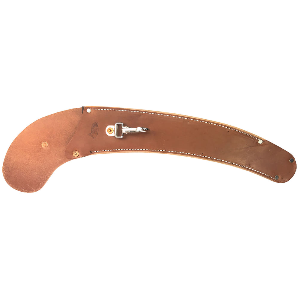 KR leather holster in brown leather with metal hooks and white stitching, laid flat