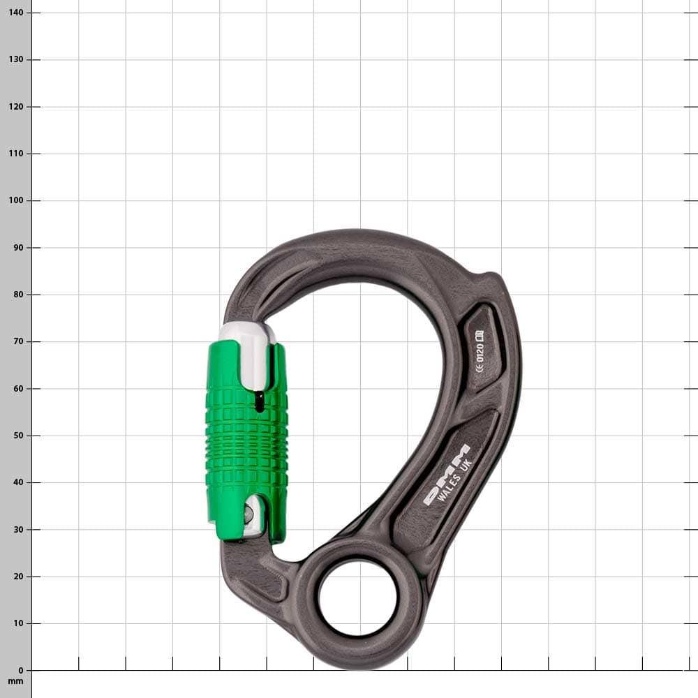 Director Captive Eye by DMM, black carabiner with green closure mechanism and round eyelet at the bottom