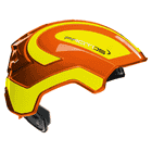PROTOS® Industry oversize helmet in orange and yellow with black inner padding and PROTOS logo on the side, side view