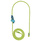 Flexbee rope with blue and yellow climbing rope and blue belay device, rolled up on white background