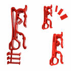 Buddy red plastic clip with three small red plastic pieces, two clips and three small rectangular pieces on white background