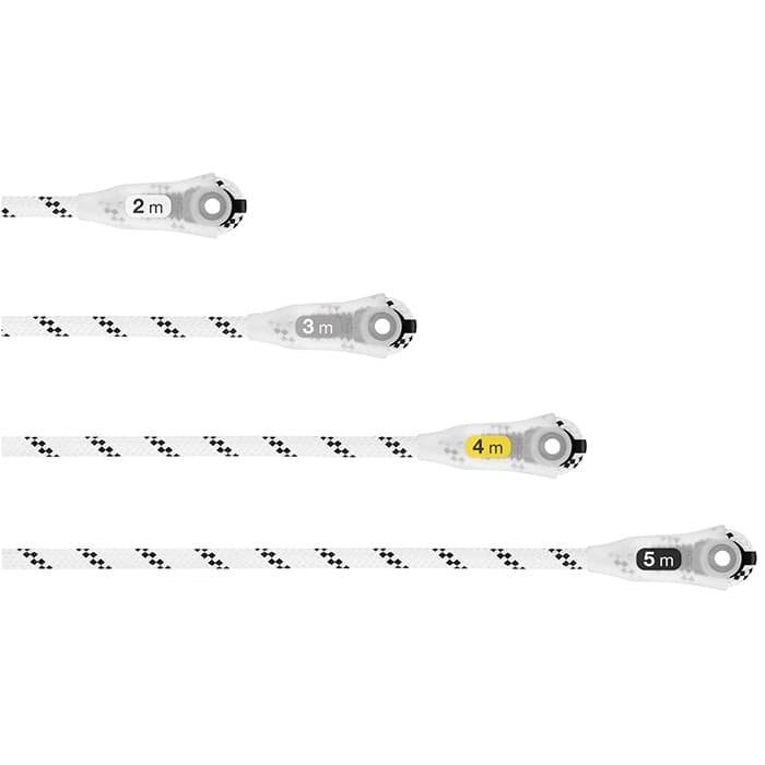 Grillon by Petzl, four white rope sections with lengths of 2 m, 3 m, 4 m and 5 m on plastic elements