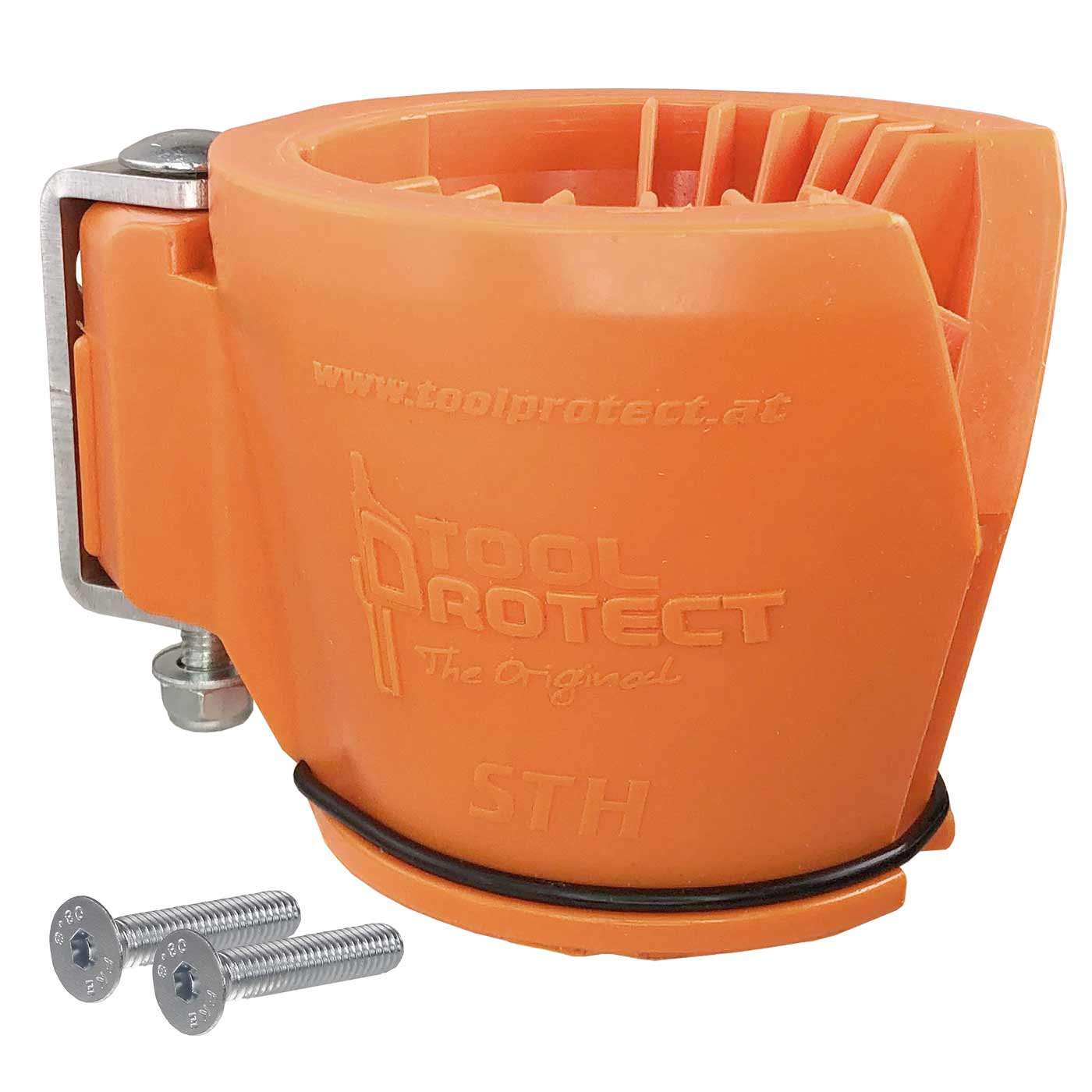 Screwdriver and rod holder in orange with metal clip and two screws, manufacturer Tool Protect