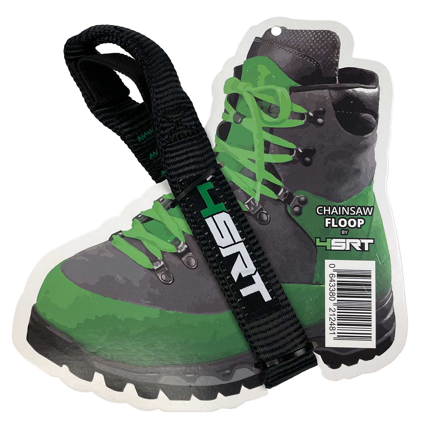 Black Floop 2 strap with white and green HSRT logo, attached to a cardboard card in the shape of a green and gray hiking boot with green laces and imprint "Chainsaw Floop by HSRT" and barcode.