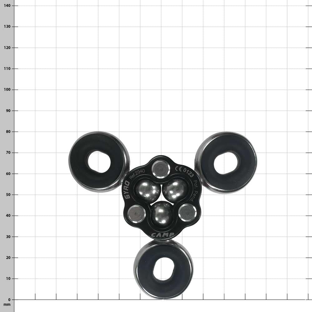 Gyro 3, manufacturer CAMP, black and silver round metal component with three ring-shaped openings and visible ball bearings in the center against a checkered background