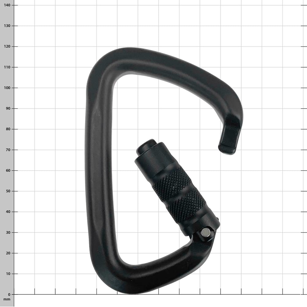 Marmolada Big D carabiner in black with open screw cap, view from the front slightly oblique