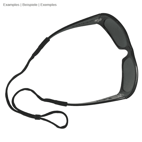Black sunglasses with eyeglass strap, no manufacturer's specs, top view with visible eyeglass strap