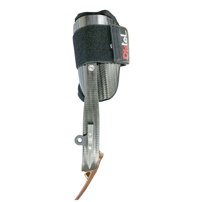 Orthopedic prosthesis with black carbon fiber shaft and black Velcro closure with red DkteL lettering